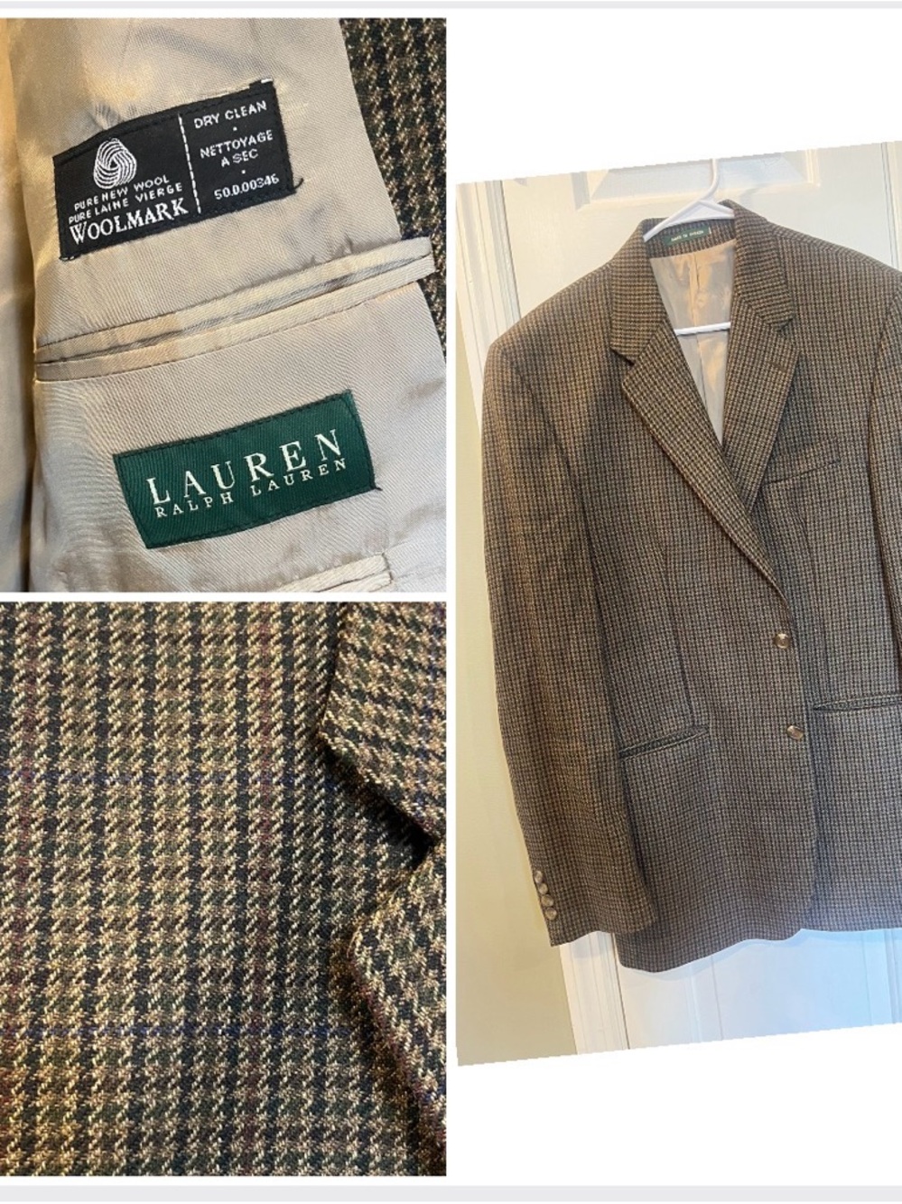 Vintage Lauren Ralph Lauren Men's Brown Houndstooth Canada Wool Blazer 42L b3